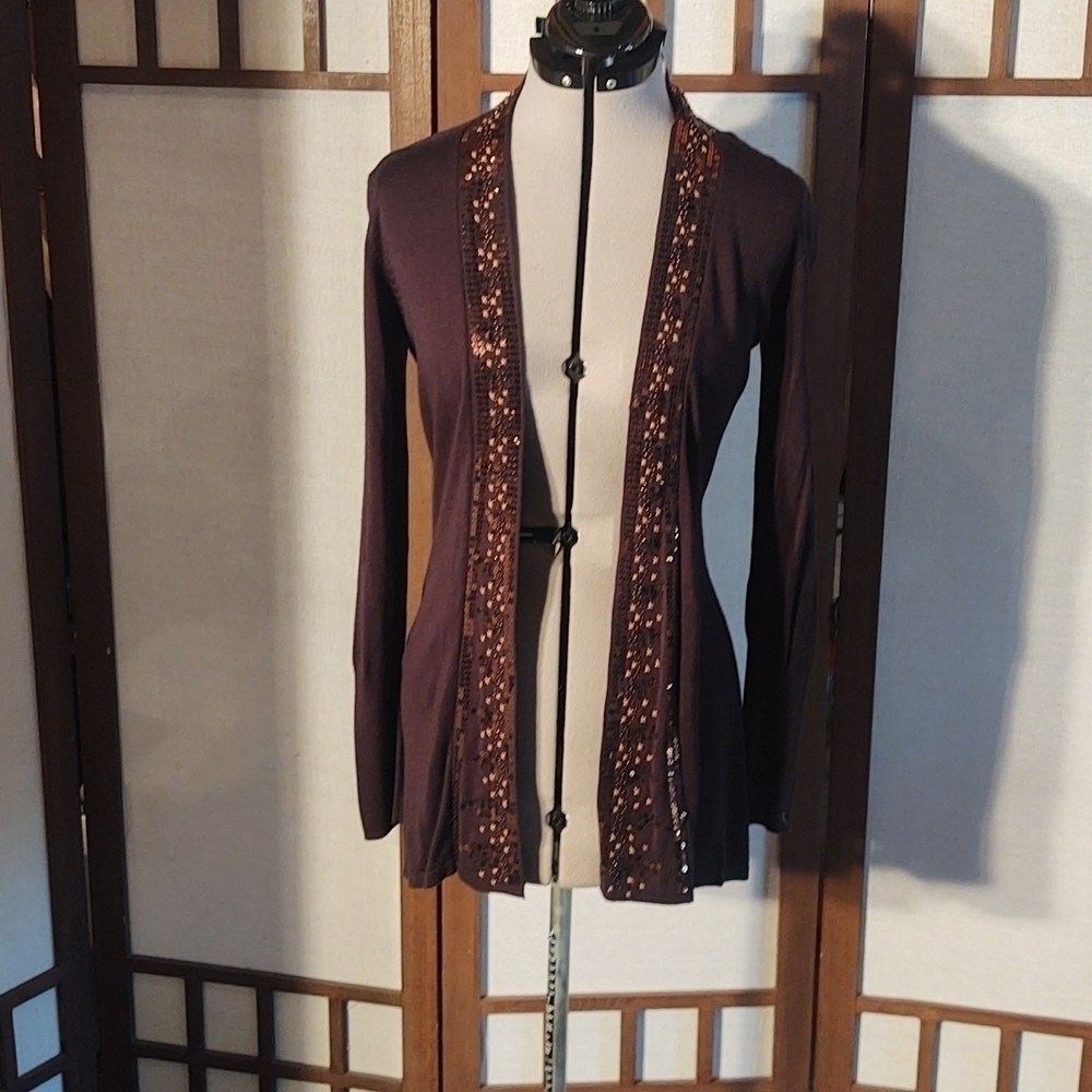 Soma Open Front Black Cardigan with Brown Sequin Details Sz XS